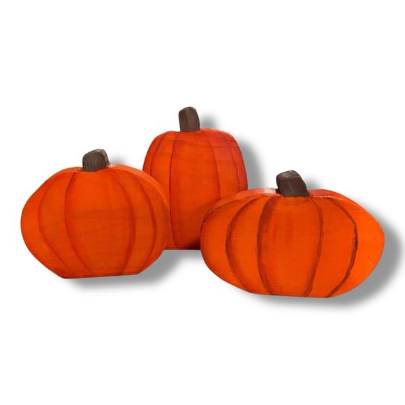 Handmade Lot of 3 Wooden Painted Pumpkins Fall Halloween Tabletop Decor - Picture 1 of 9